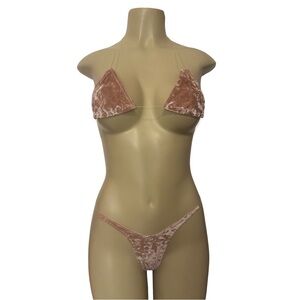 Crushed Velvet - clear string - exotic Dancewear Bikini Set in Soft Pink